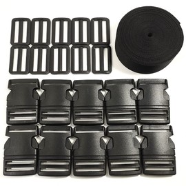 Black Straps 5 Metres x 25 mm with 20 Plastic Buckles for Animals, PP Strap, Multipurpose Tape for Crafts, Luggage, Craft, Backpack, Apron, (25mm x 5m, 332)