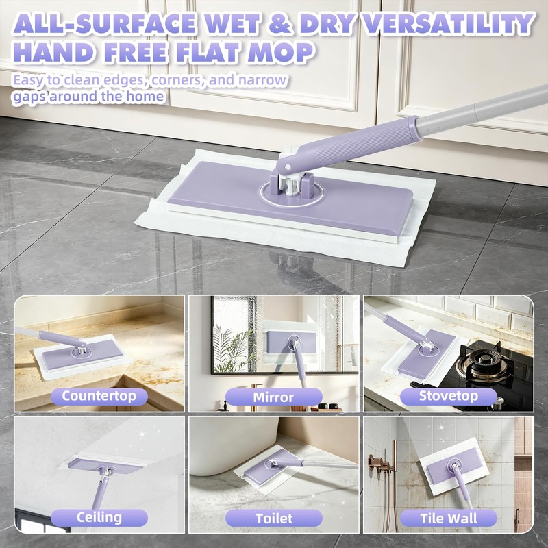 Hands Free Flat Mop with 63" Long Handle, Clamp Mop,Click