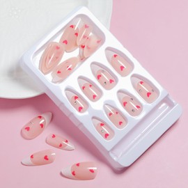 Valentines Fake Nails French Tip Press on Nails Almond Medium Acrylic Nails Heart Designs Rhinestones Glue on Nails Valentine's Day Artificial Fakse Nails Stick on Nails for Women and Girls 24Pcs
