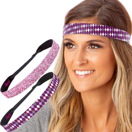 Hipsy Women's Adjustable NO SLIP Harlequin Fashion Headbands (Purple/Pink & L. Pink Glitter 2pk)