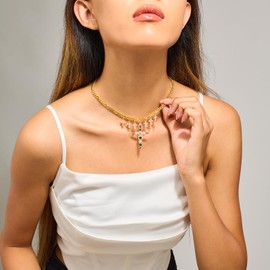 CLASSYZINT Gold Cross Pendant Necklace for Women Colorful Rhinestone Necklace Adjustable Necklace