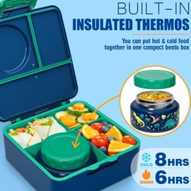 Fimibuke Bento Box for Kids Adult with Thermos, 3-4 Compartment 60OZ Toddler Lunch Box Container with Leakproof 8OZ Insulated Food Jar, Sauce Jar, Utensil for School Boy Girl, BPA-Free Dishwasher Safe