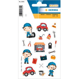 HERMA 15691 Stickers Mechanic Small Large 19 Pieces Professional Stickers with Car Workshop Tool Motif, Children's Labels for Photo Album, Diary, Poetry Album, Scrapbooking, Birthday Decoration, DIY
