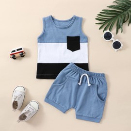Edhomenn Toddler Boys Summer 2Pcs Outfits Sleeveless Contrast Color Tank Tops and Solid Color Drawstring Shorts with Pockets (01 Blue, 12-18 Months)