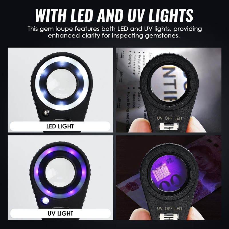 10x Jewelers Loupe Magnifier with UV & LED Lights, 22mm