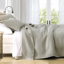 PANGUSHAN Quilt Set Queen Size, 100% Cotton Quilt Bedding Set Bedspread, Pick-Stitch Handcrafted Solid Color Chic Lightweight Quilted Comforter for Queen Bed, Light Beige, All Season, 3 Pieces