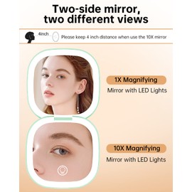 Gospire - Espejo de maquillaje recargable de doble cara con luces y aumento 10X, espejo compacto LED con 3 colores de luz y brillo ajustable, pequeño espejo de cambiador de mano para bolso, color verde