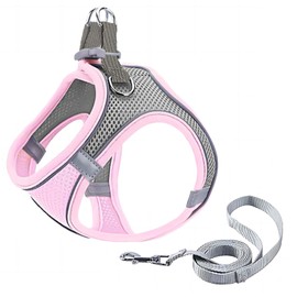 GIAPINST Dog & Cat Harness, Step-in Reflective Breathable Mesh Vest Harness & Leash Set, Two-tone Pink Grey, L