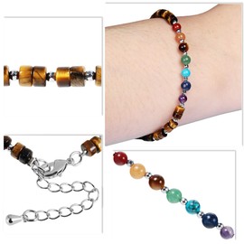 TUMBEELLUWA 7 Chakra Crystal Stone Beads Bracelet for Women Adjustable Flat Beaded Link Bangle for Energy Healing, Tiger's Eye