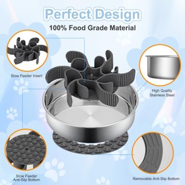 2-in-1 Slow Feeder Dog Bowls, Stainless Steel Pet Bowls with Silicone Slow Feeder Insert, Removable Non-Slip Rubber Base for Small, Medium, and Large Dogs to Slow Down Eating (Large Breed)