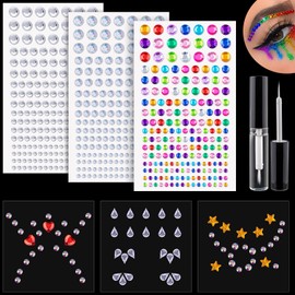 6 Sheets Face Gem Stickers Set 2, Rainbow Mixed shape Crystal Self Adhesive Rhinestones Face Jewels Stick on, with Makeup Glue for Makeup Eyes Face Hair Nails Body, Crafts and Decorations