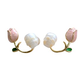 BelleJuri Tulip Pearl Skull Stud Earrings, Genuine Pearl Skull Earrings, Skull Earrings for Her (White)