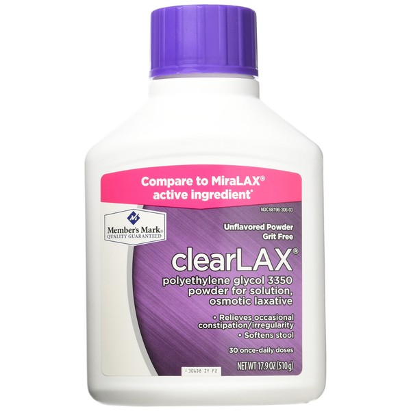 Member's Mark Clearlax Polyethylene Glycol 3350 Powder for Solution, Osmotic Laxative (3 bottles (53.7 oz))