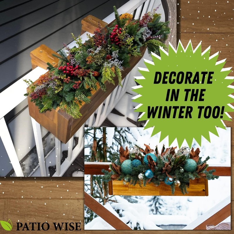 Patio Wise Acacia Wood Railing Planter Box, Outdoor Hanging Flower,