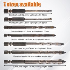7 Pcs Four-Flute Sawtooth Eccentric Drill Bit, High-Strength Eccentric Twist Drill Bit Heavy-Duty FourEdged Serrated Carbide Tip Glass Drills Bits for Stone Concrete Wood Brick(3/4/5/6/8/10/12mm)