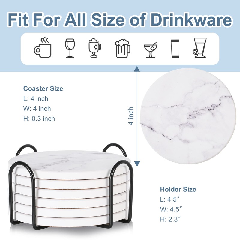 Absorbent Coasters for Drinks,Ceramic Coaster Set of 6 with Holder,