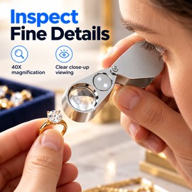 40X Jewelry Loupe Magnifier for Gemstone and Coin Inspection – Foldable Handheld Magnifying Glass with LED & UV Light for Detailed Viewing