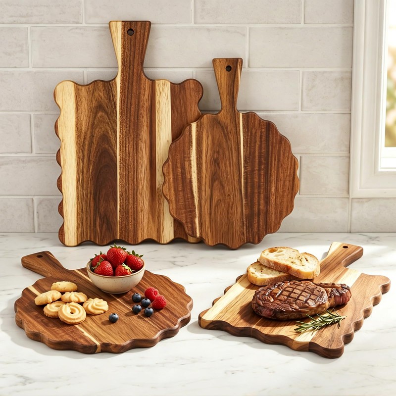 2Pcs Acacia Wood Scalloped Cutting Board with Handle Wooden Chopping