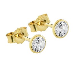 NKlaus Pair of Stud Earrings Real Gold 585 14 Carat 4.5 mm Cubic Crystal Zirconia Women Men Children 1748, Yellow Gold, Cubic Zirconia