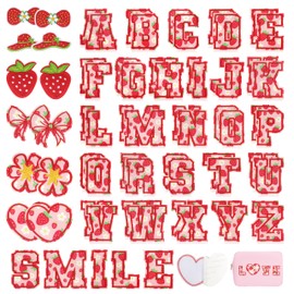 Letter Patches Self-Adhesive for Girls Backpack: Kingsow 64Pcs Strawberry Patch Stickers A-Z Alphabet Applique - Preppy Cute Fabric Letters Patches Stick on Clothing Hats Bags DIY Crafts