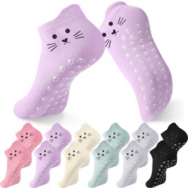 Geyoga 6 Pack Grip Cat Socks for Women Cute Yoga Cat Socks for Girls Non Slip Ankle Supplies for Pilates Dance Workout(Morandi)