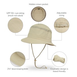 Sunday Afternoons Solar Bucket Hat - UPF 50+, Travel Friendly, Large Crushable Sunhat for Fishing, Hiking, Gardening, Boating - Summer Beach Bucket Hats for Women & Men - Brown Rice, Medium