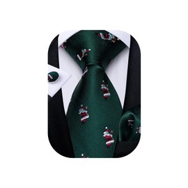 DiBanGu Christmas Dark Green Tie With Santa Claus Men's Necktie and Pocket Square Cufflinks Festival