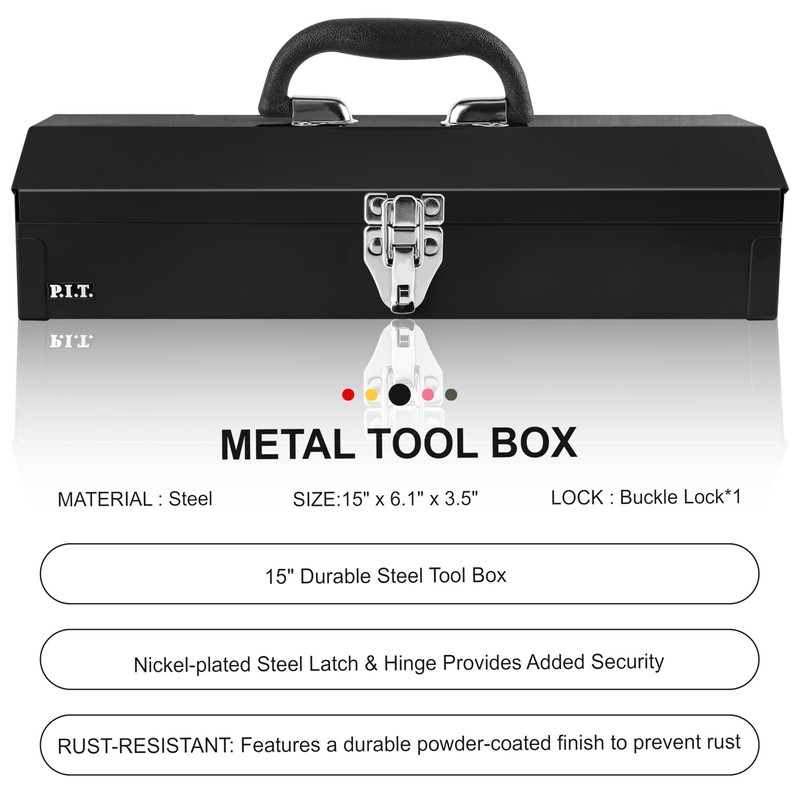 P.I.T. 15'' Small Tool Box, Portable Metal Tool Box, Black