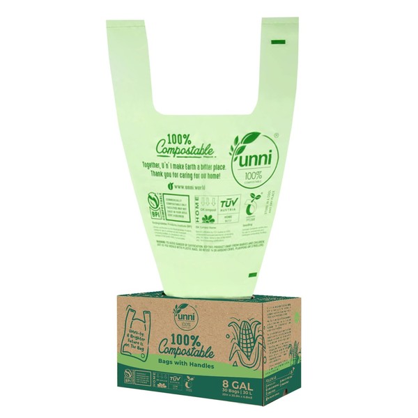 UNNI Compostable Bags with Handles, 8 Gallon, 30 Liter, 30 Count, 0.8 Mil, Kitchen Food Scrap Waste Bags, T-Shirt Bags, ASTM D6400, US BPI, CMA & OK Compost Home Certified, San Francisco