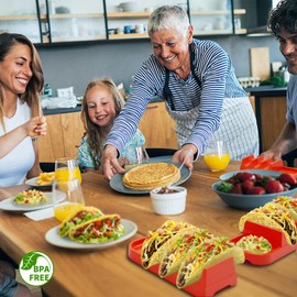 Taco Holder Set of 4 - Large Plastic Tray Plates Hold Up to 3 Soft and Hard Tacos - Colorful Rack for Home, Party, Kids