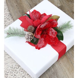 AuldHome Magnolia Floral Picks (3-Pack, Red); Artificial Magnolia Greenery Flowers for Christmas and Seasonal Decor