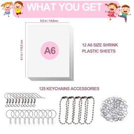 Warckon 137 Pieces Shrink Plastic Sheet Kit, includes 12 PCS Shrinky Art Paper with 125 PCS Keychains Accessories for Kids Creative Craft, 5.82 x 4.13 inch / 14.8 x 10.5 cm (A6 Size)