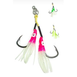 Large Twin Assist Hooks with 500 Pound Kevlar Assist Cord Rigged and Ready to add to jigs. Include Heavy Duty Split Ring and Gourd Ring. 5 Pack (10 Hooks) (Green Glow)