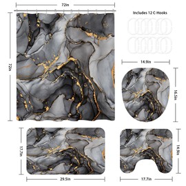 BayNook 4PCS Black Grey Marble Bathroom Sets with Shower Curtain and Rugs, Abstract Shower Curtain Sets with Rugs, Modern Bathroom Curtains Shower Set Accessories with Toilet Lid Cover