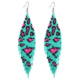 CALORVIA Boho Big Long Tassel Beaded Dangle Earrings Leopard Handmade Bohemian Large Statement Fringe for Women (Teal Green)