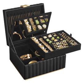 SONGMICS HOME 2-Tier Jewelry Box with Mirror, Jewelry Organizer, Removable Tray, PU Surface with Stitching, Floating Effect, 8.5 x 9.4 x 5.3 Inches, Ink Black, ANAH Collection UJBC182B01