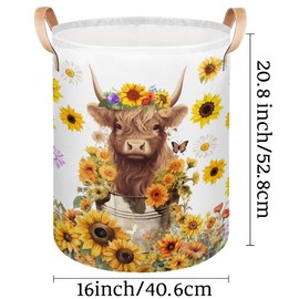 Large Laundry Basket Collapsible Tall Laundry Hamper Yellow Cute Sunflower Floral Animal Cow Round Storage Bin Storage Baskets for Kids Boys Girls Toys Clothes Hamper Laundry Bag Organizer, 70L