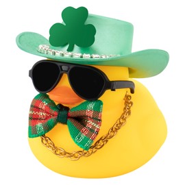 Wonuu Rubber Duck St. Patrick's Day Decoration - Lucky Green Shamrocks Hat & Car Decor, Diamond Cowboy Hat-Bow Tie