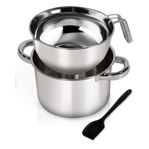 Marsheepy Double Boiler Pot Set,2000ML/1.8QT Mixing Bowl for Chocolate Melting, 2800ML/ 2.54QT 304 Stainless Steel Pot With Silicone Spatula for Melting Chocolate, Candy, Candle, Soap, Wax