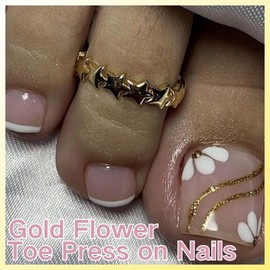 24Pcs Gold Flower Press on Toenails,French Fake Toenail Square False Toenail Short,Glossy Glitter Flower Stick On Toenails,Gold Foil Summer Nails French Toe Nails,Press On Toe Nails with Jelly Glue