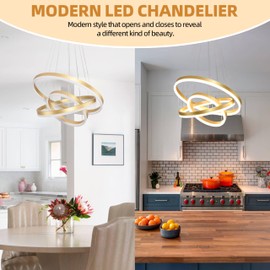 Mccokaige Modern Gold Led Chandelier 3 Rings Gold Dimmable LED Chandeliers Light Fixture for Kitchen Island Height Adjustable Chandelier Led Pendant Light for Dining Room Bedroom Living Room