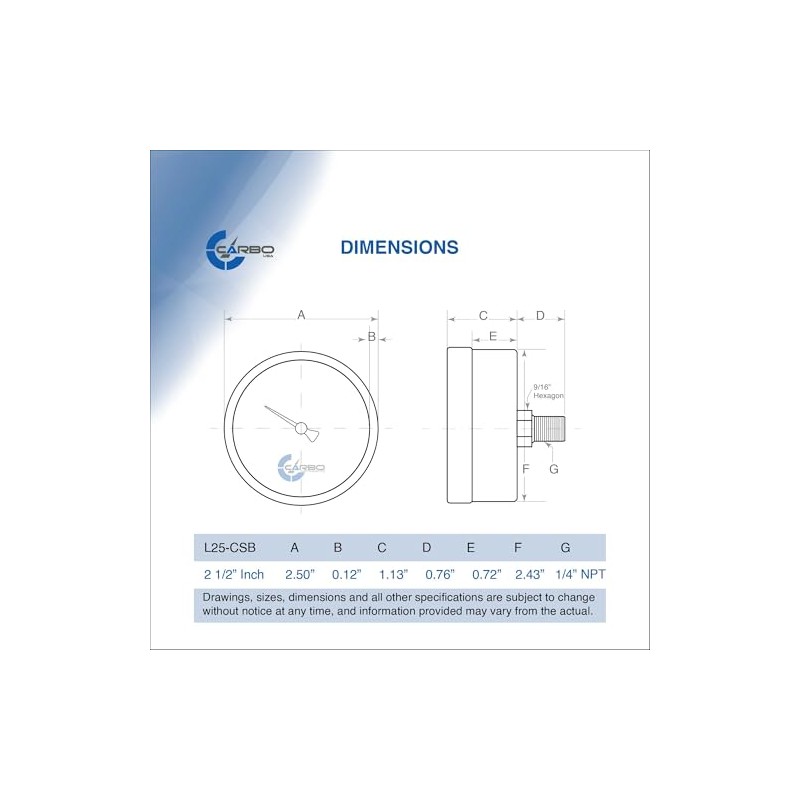 CARBO Instruments 2-1/2" Pressure Gauge, Chrome Plated Steel Case, Dry,