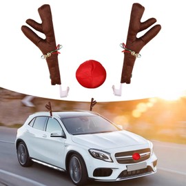 Sodcay Car Reindeer Antler Kit Nose, Premium Reindeer Car Kit Antlers, Car Window Roof Front Grille Christmas Holiday Reindeer Antler Decoration Accessories, Universal for Cars (Brown & Red)