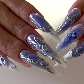 CTTHNBD Press on Nails Long - Blue Fake Nails with Silver Butterfly Desigen - Flower, French Tip False Nails for Women 24 Pcs