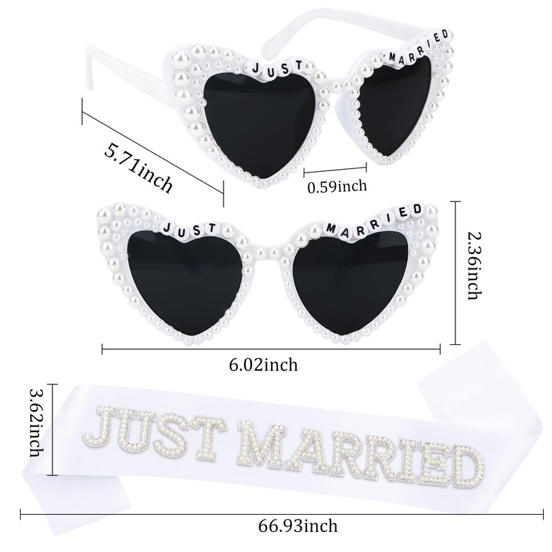 Pearl Just Married Sash + Veil + Heart Bride Sunglasses