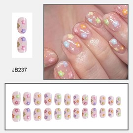 Flower Press on Nails Short Square Colorful Flowers Fake Nails Glossy Pink Acrylic Glue False nails Cute Floral Design Reusable Stick on Nails for Women Girls Nude Manicure Decoration 24Pcs