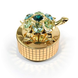 Mascot Gold-Plated Turtle Mirror Music Box w/Green/Mixed Mascot Crystals - (2 Colors) Romantic Gift for her Birthday, Anniversary, Wedding or Home Decorations (Gold Green)
