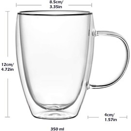 Wells 4-Pack 12 Oz Double Walled Glass Coffee Mugs with Handle, Insulated Layer Cof...