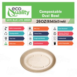 26oz Oval Disposable Compostable Paper Burrito Bowls Heavy-Duty, Eco-Friendly Oval Bowls Natural Bagasse Unbleached, Heat Resistant, 100% Biodegradable Salad Bowls Alternative to Plastic (50)