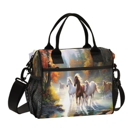 WELLDAY Lunch Bags Horses Painting Insulated Reusable Lunch Box Large Leakproof Adult Lunch Cooler Bag with Adjustable Shoulder Strap for Picnic, Work, Camping,Medium
